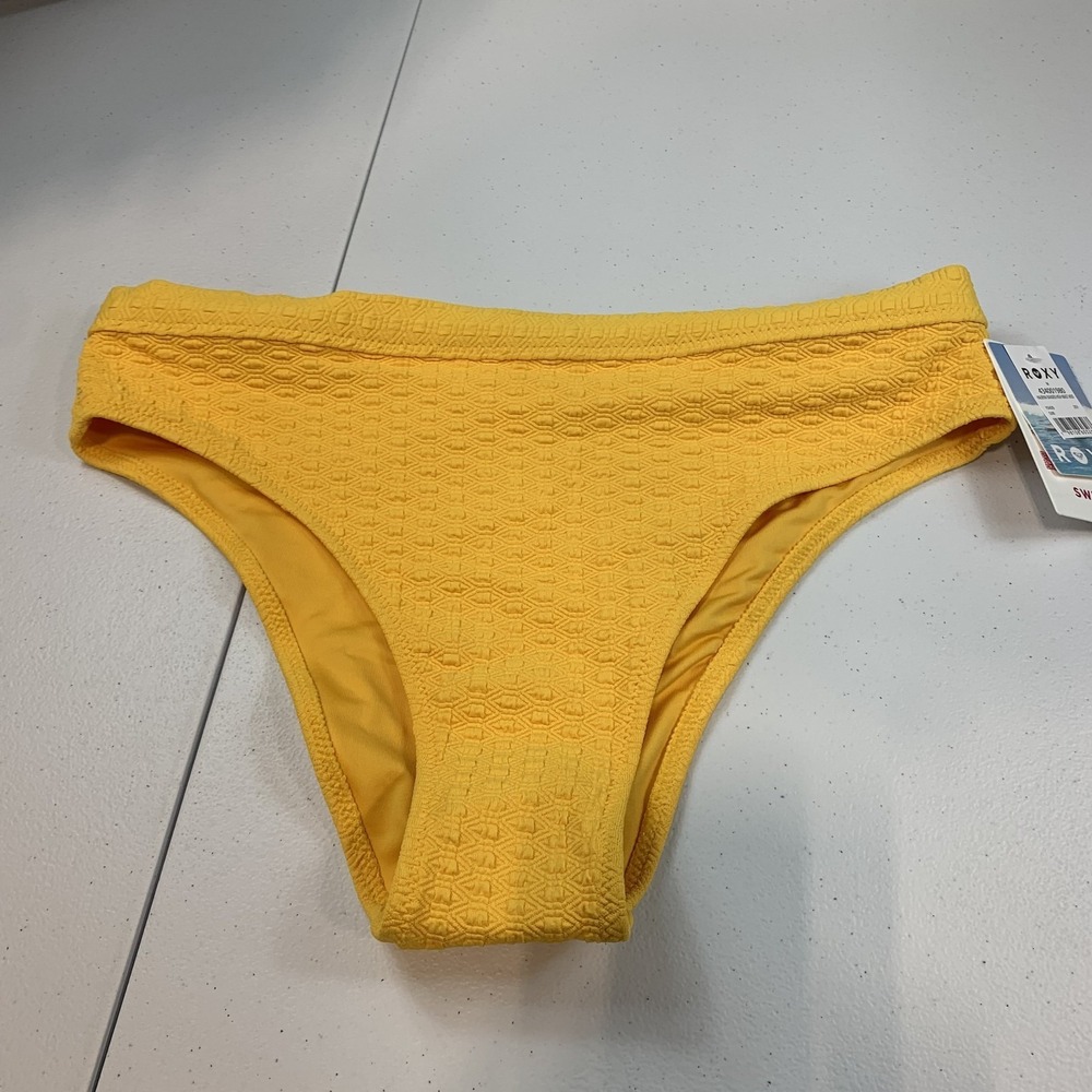 Roxy Women's Swim Bikini Bottom M Yellow Textured Haleiwa Banded High Waist